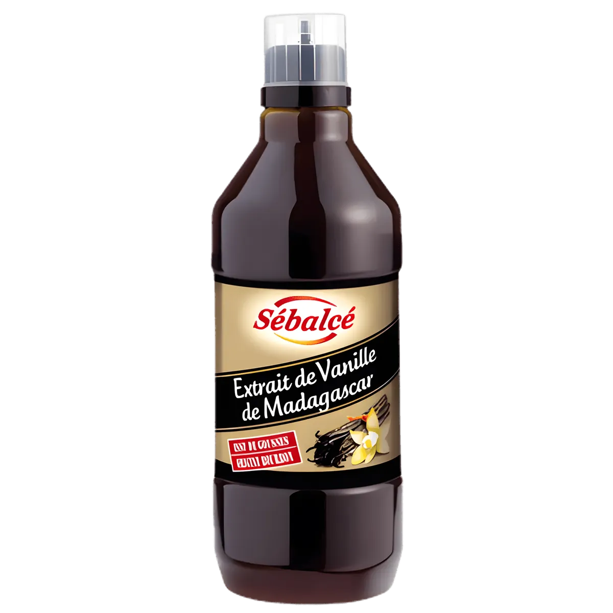 Bouteille d'extrait de vanille de Madagascar SEBALCE avec étiquette noire et dorée, arôme authentique pour pâtisserie et cuisine sucrée.